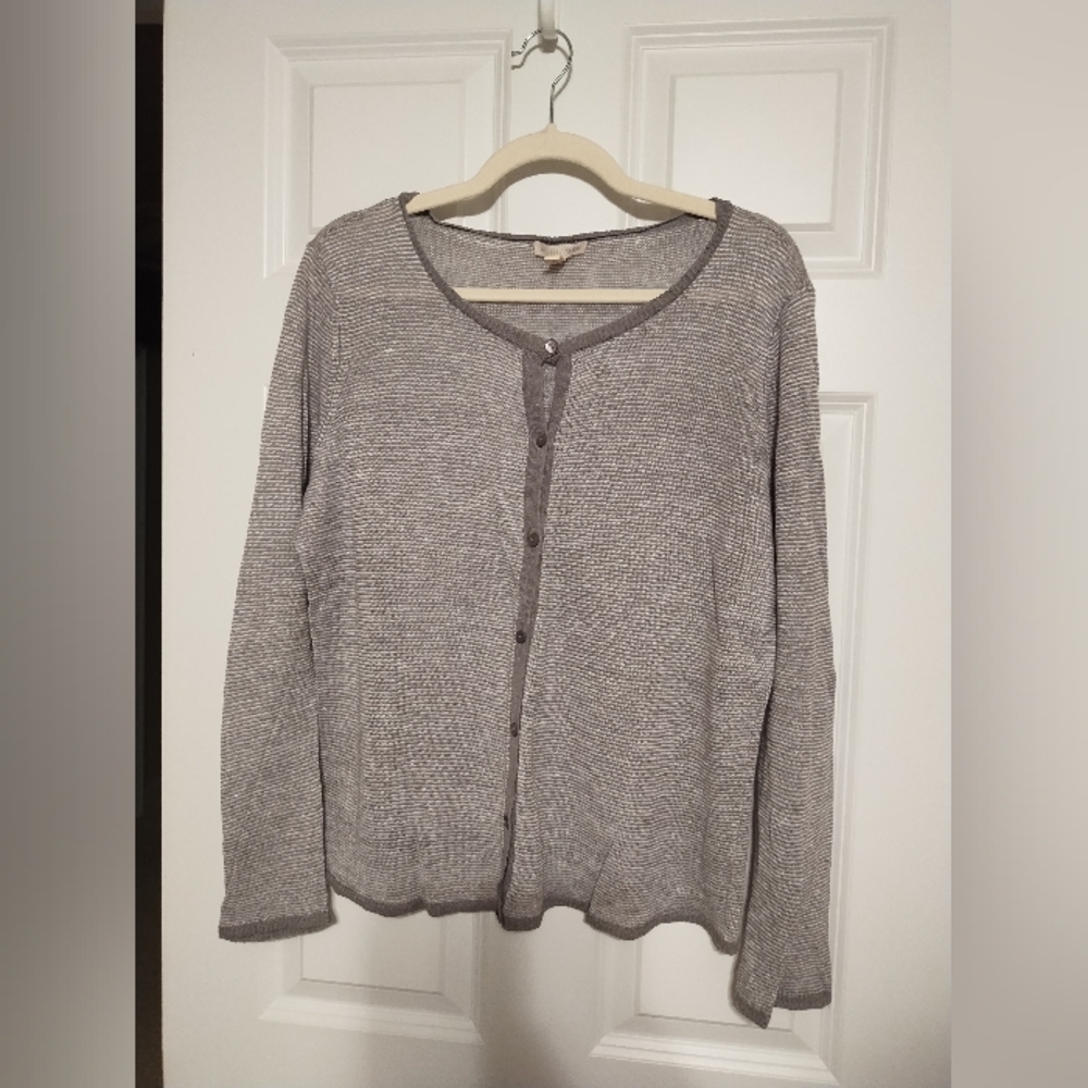 Eileen Fisher Gray And White Striped Linen Cardigan Sweater